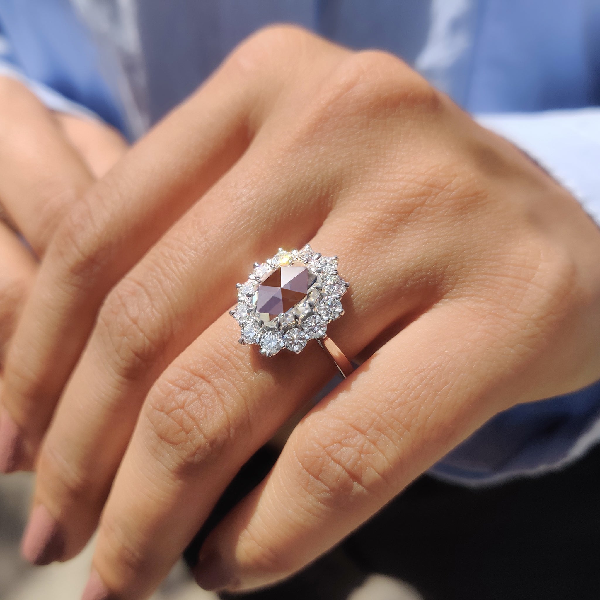 Oval Rose Cut Engagement Ring In Cluster Halo Style