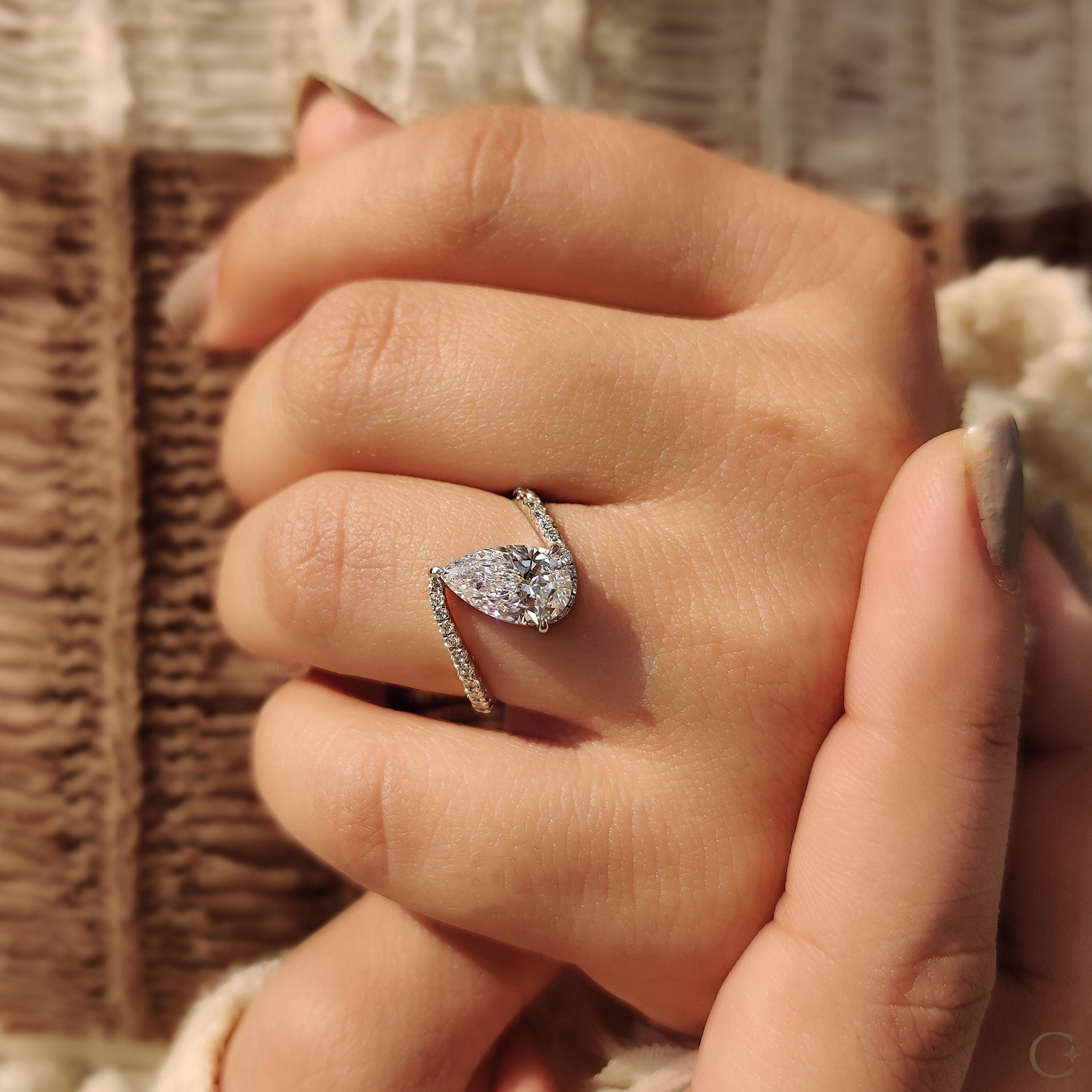 Pear Diamond Engagement Ring In Bypass Pave Setting