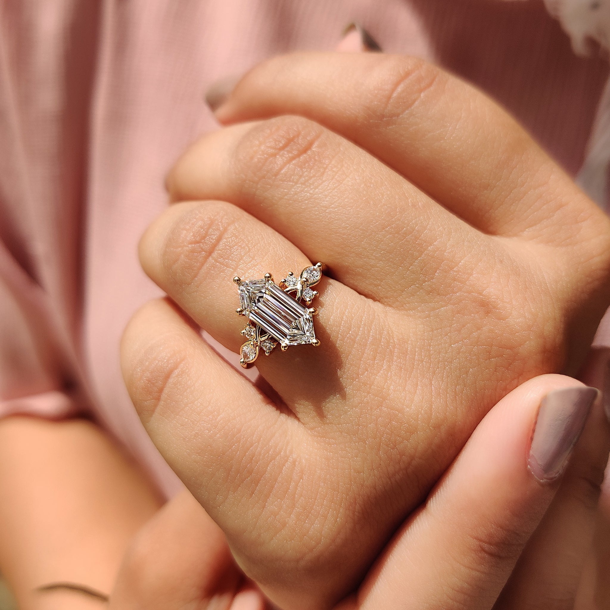 Elongated Hexagon Engagement Ring In Cluster Style