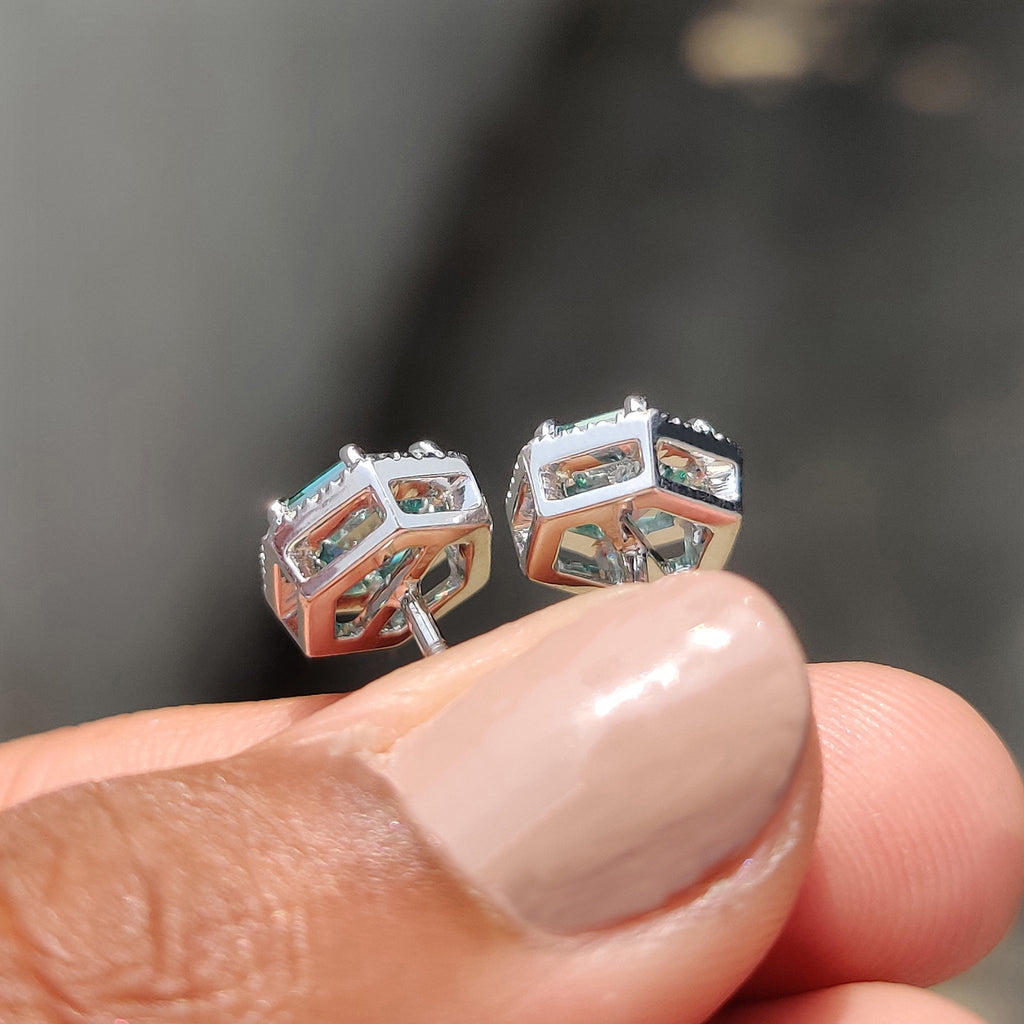 Cyan Blue Hexagon Step Cut Earrings In Halo Style
