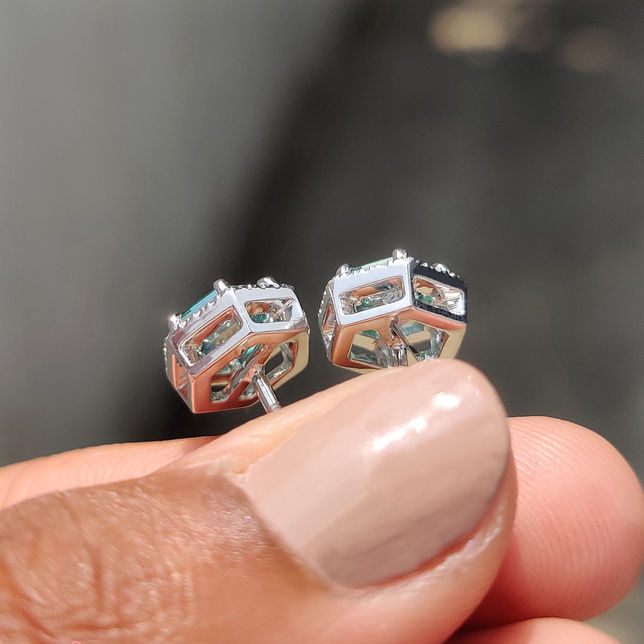 Cyan Blue Hexagon Step Cut Earrings In Halo Style