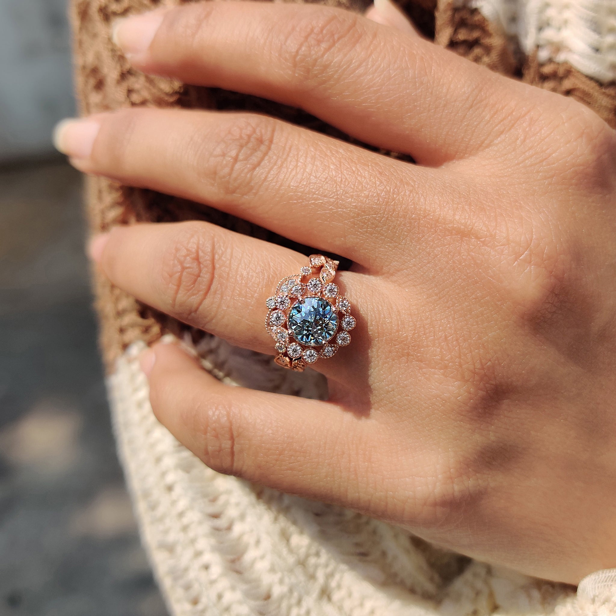 Vintage Bridal Set With Cyan Blue Moissanite Ring