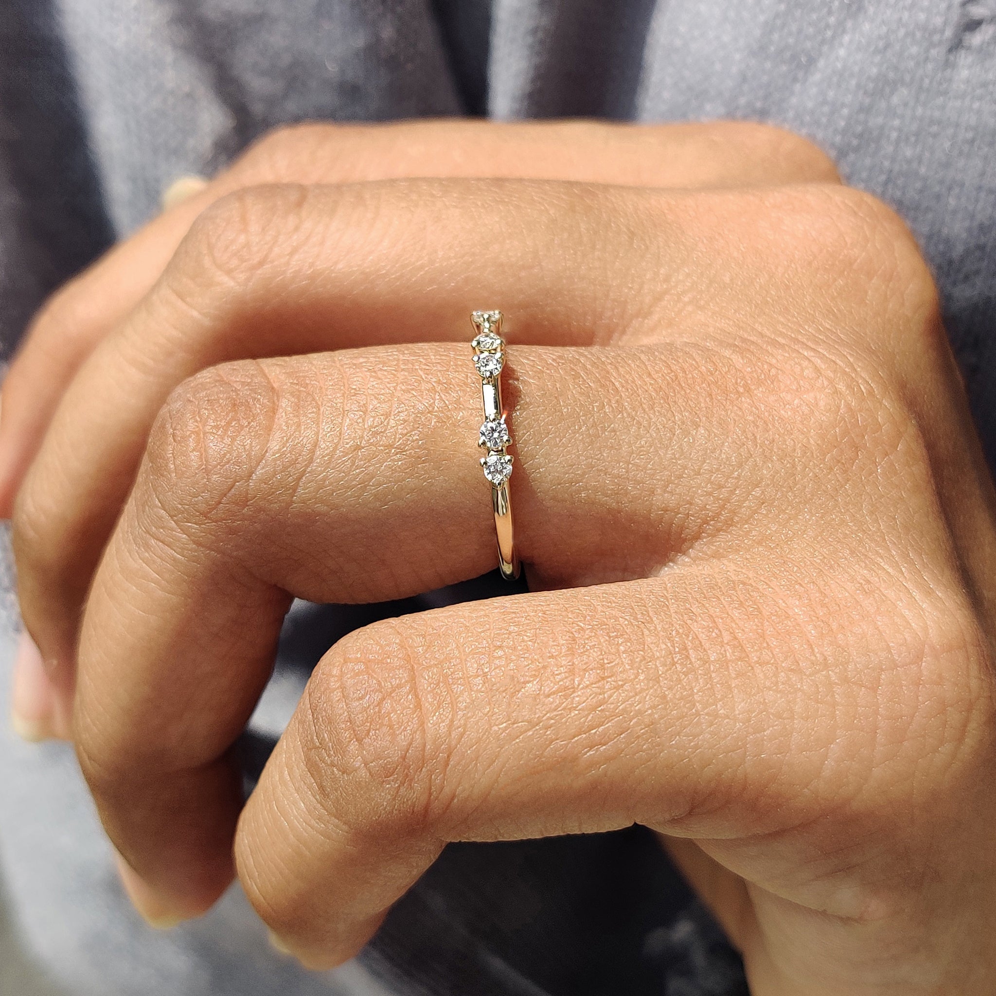 Round Cut Distance Pave Yellow Gold Diamond Band