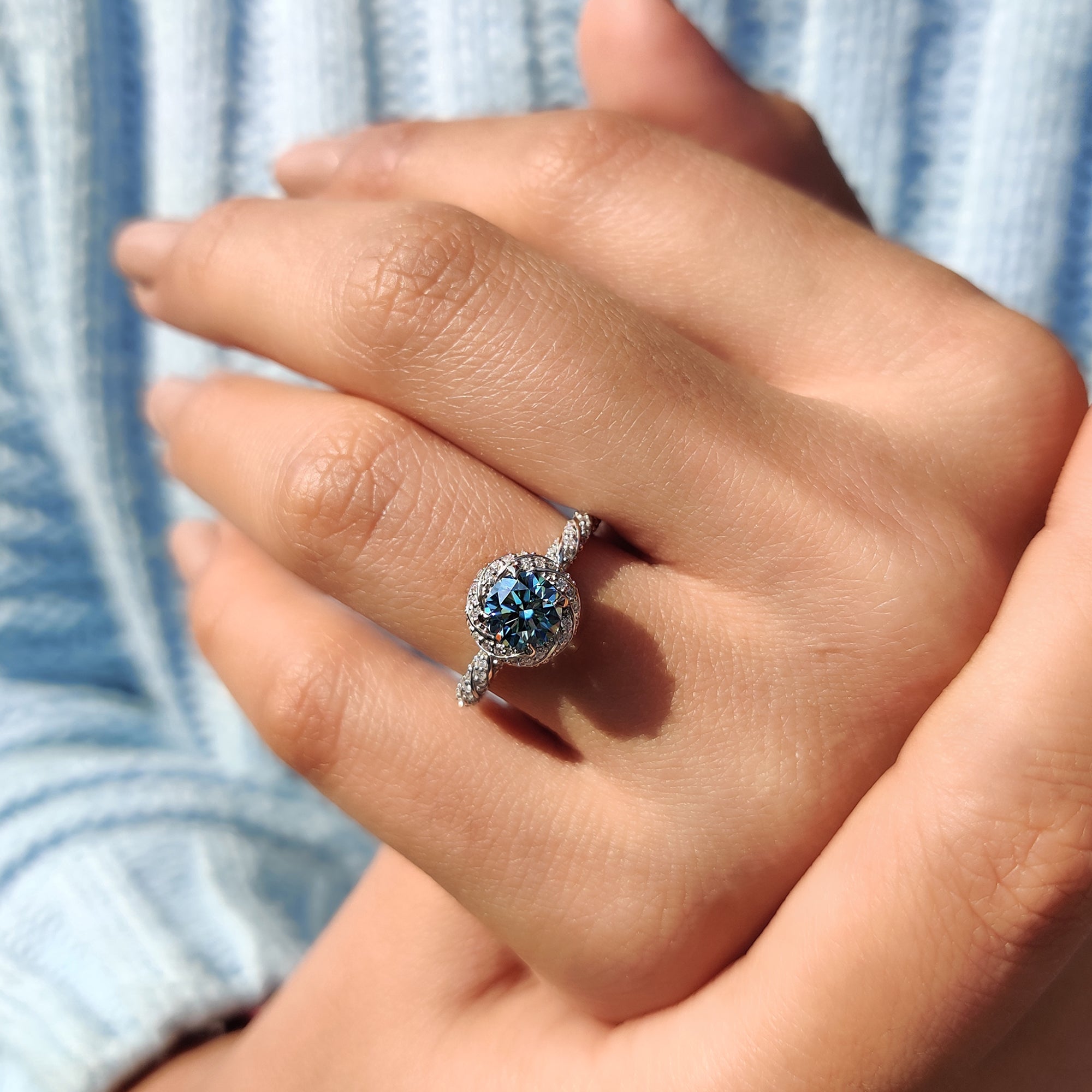 Twisted Pave And Halo Set Round Cut Ring
