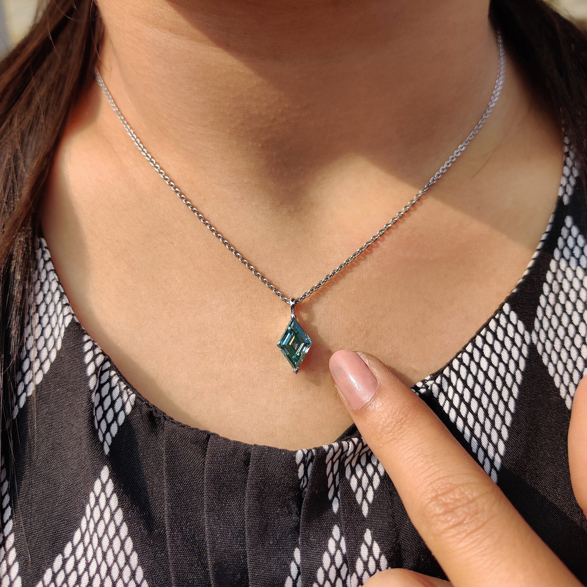 Cyan Blue Lozenge Cut Moissanite Pendant