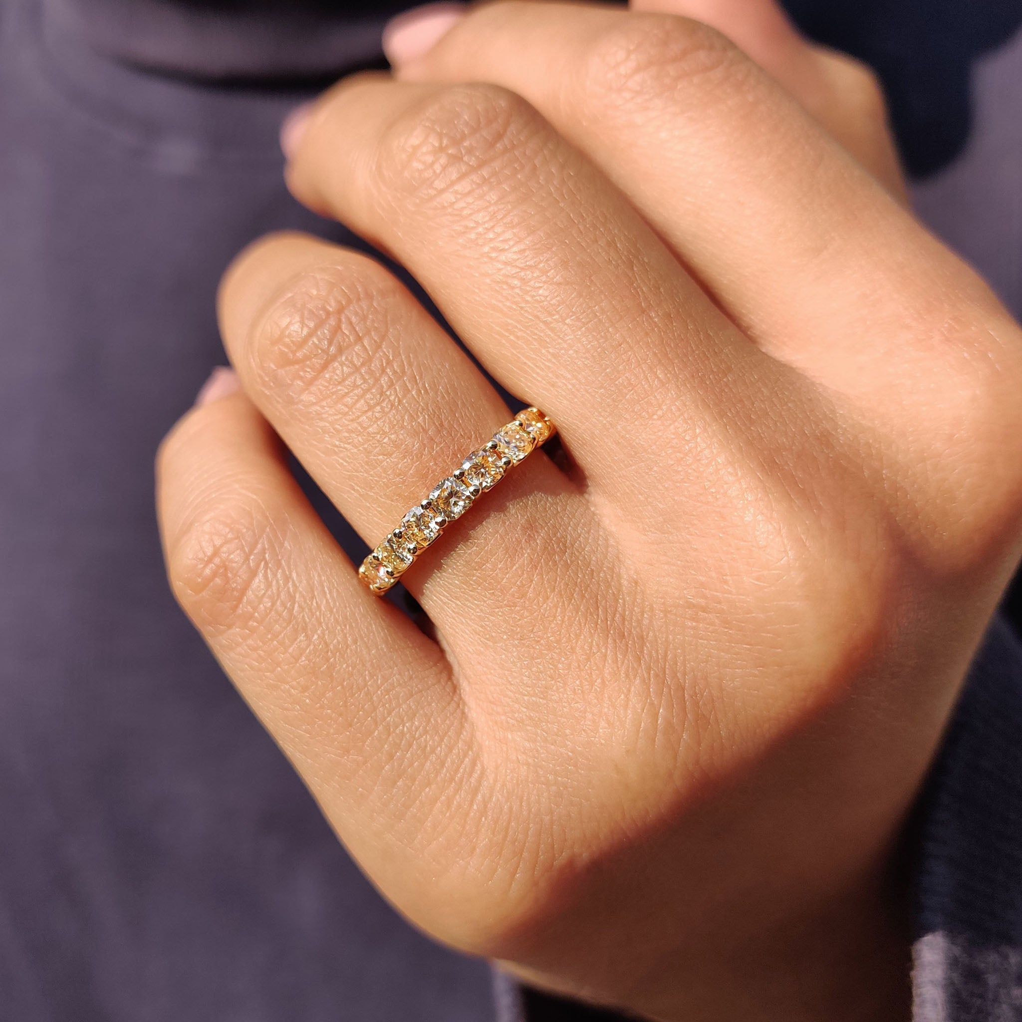 Light Yellow Cushion Cut Trellis Eternity Band