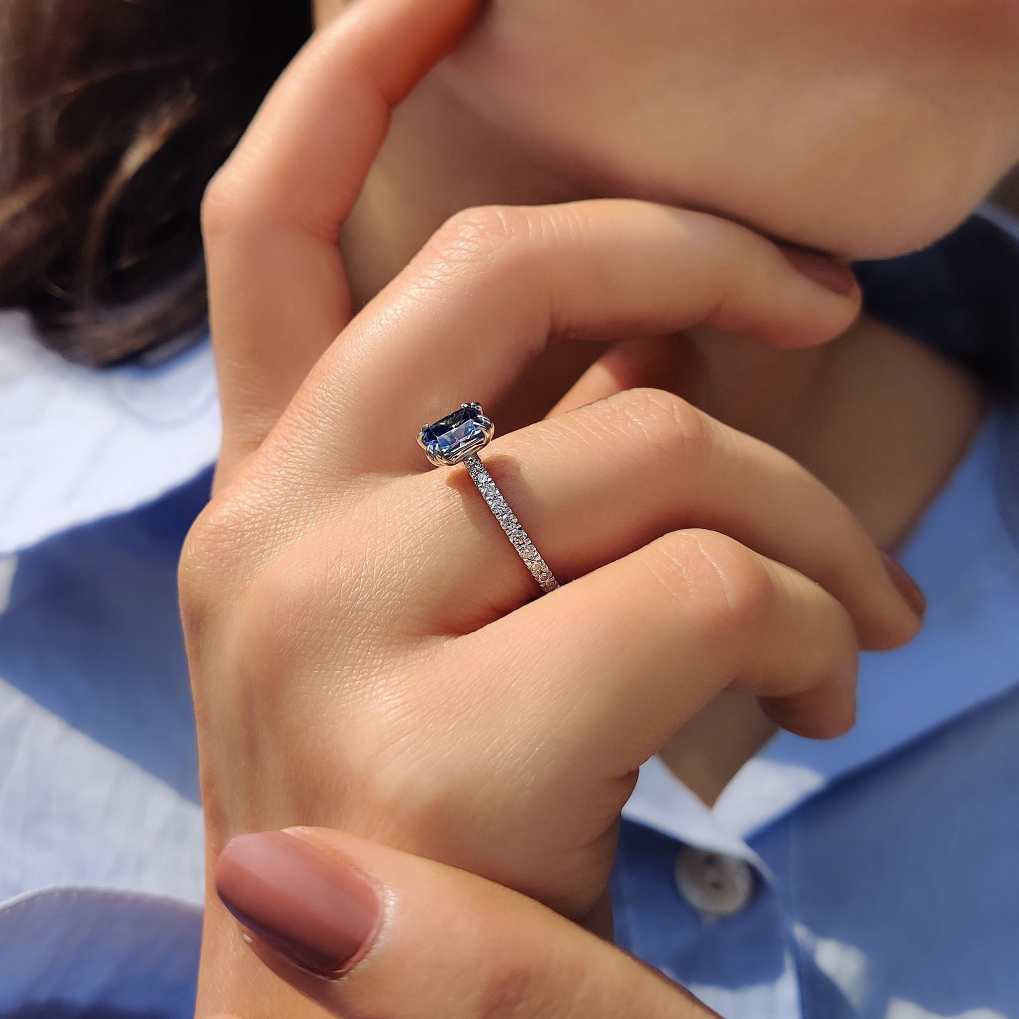 Radiant Cut Blue Moissanite Ring In Pave Setting