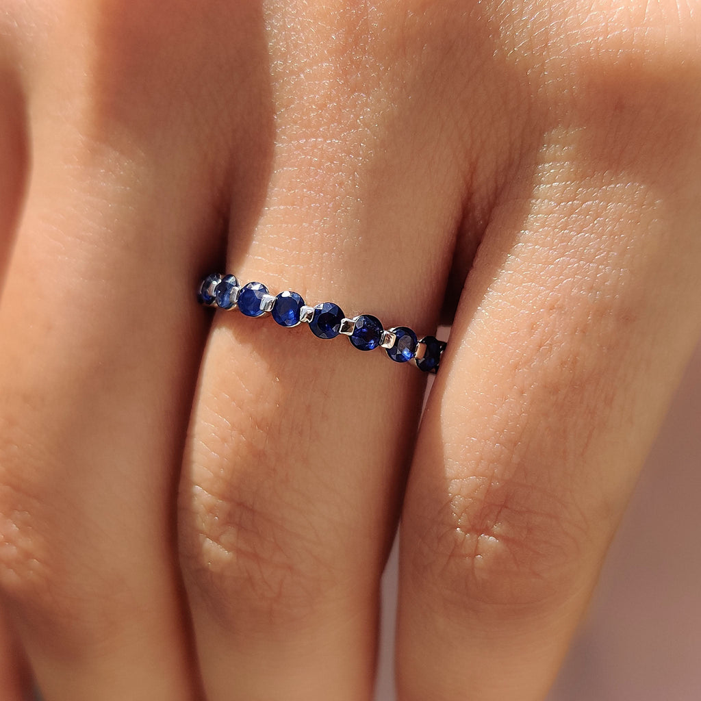 Round Cut Blue Sapphire Wedding Band