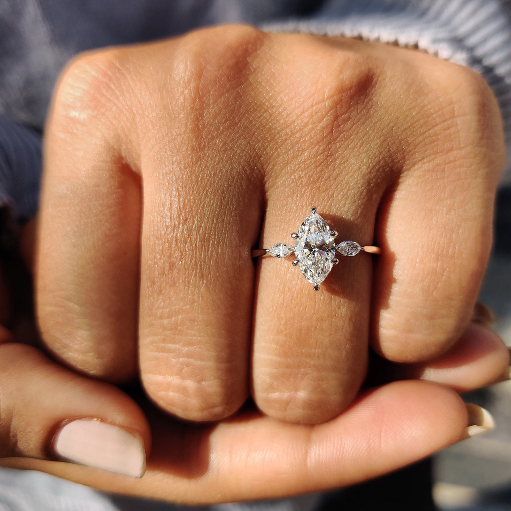 3 Stone Marquise Diamond Ring In Yellow Gold
