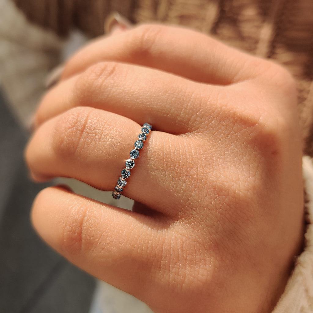 Blue Diamond Wedding Band In Shared Prong Style