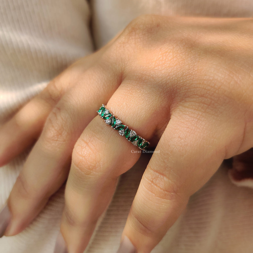 Marquise Cut Green Emerald Zig Zag Wedding Band