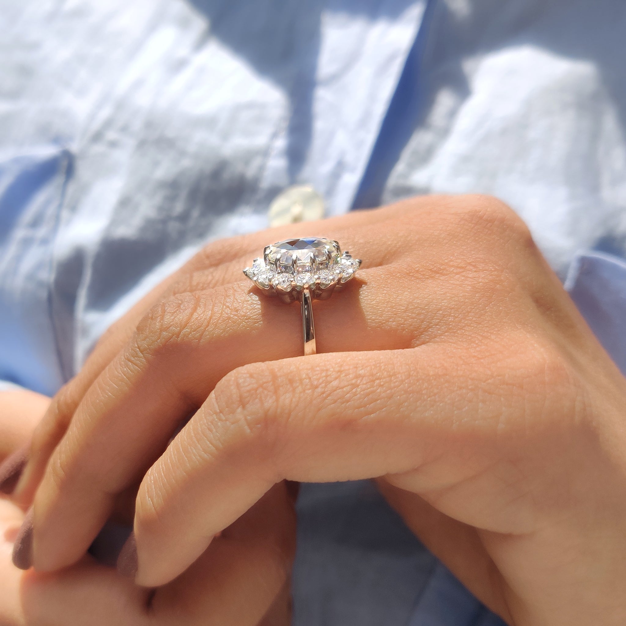 Oval Rose Cut Engagement Ring In Cluster Halo Style