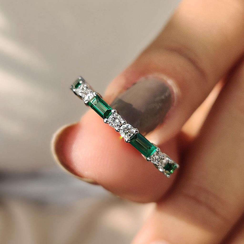 Emerald And Diamond Wedding Band In Half Eternity