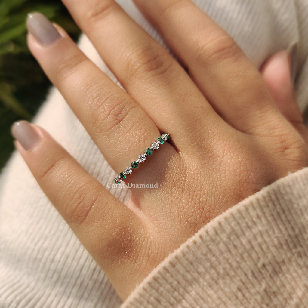 Green Emerald and Diamond Wedding Band