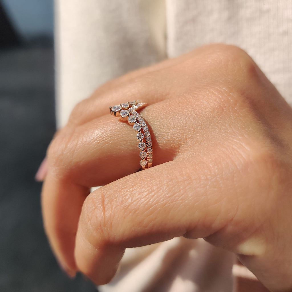 Round Cut Stackable Wedding Band In Double Row Chevron Style