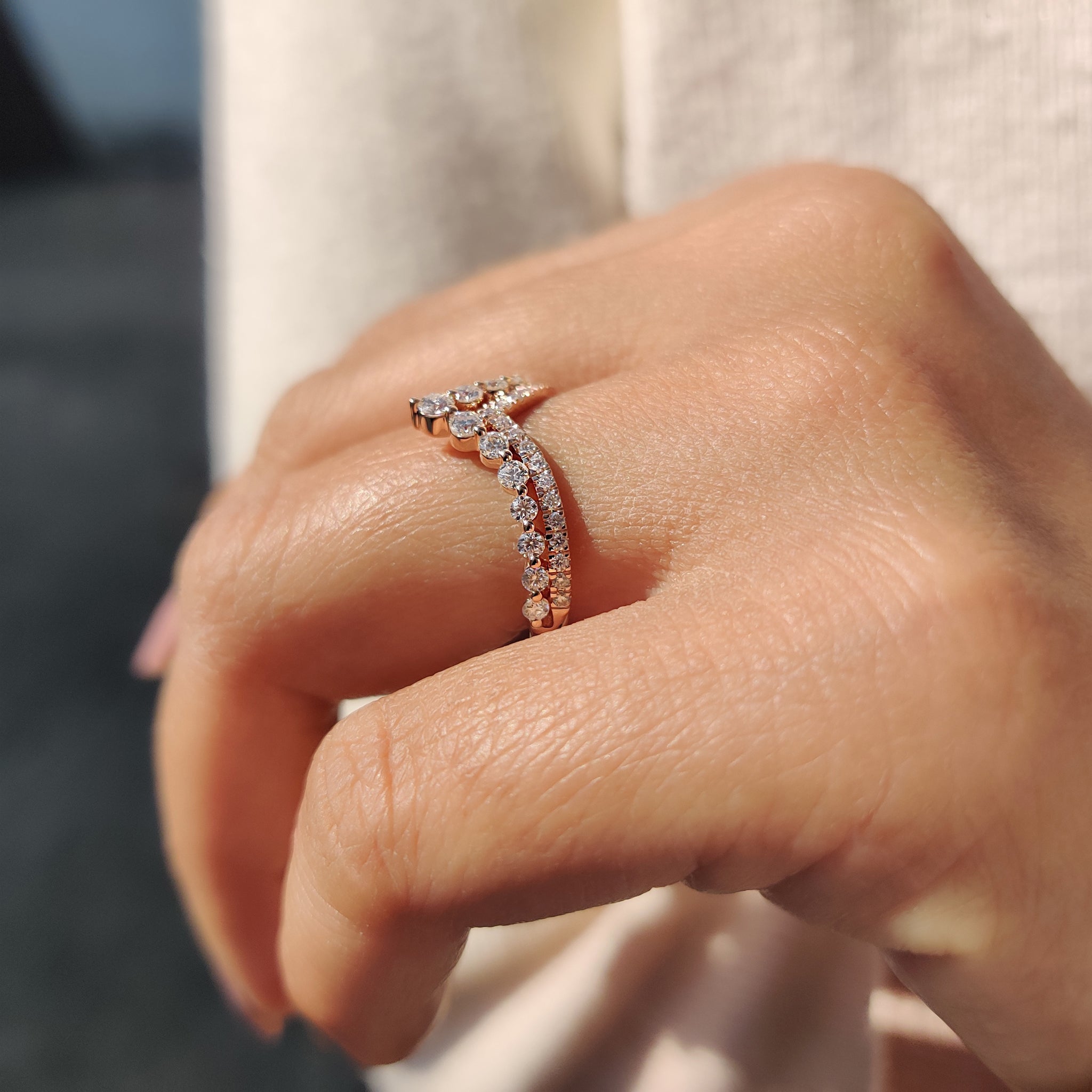 Round Cut Stackable Wedding Band In Double Row Chevron Style