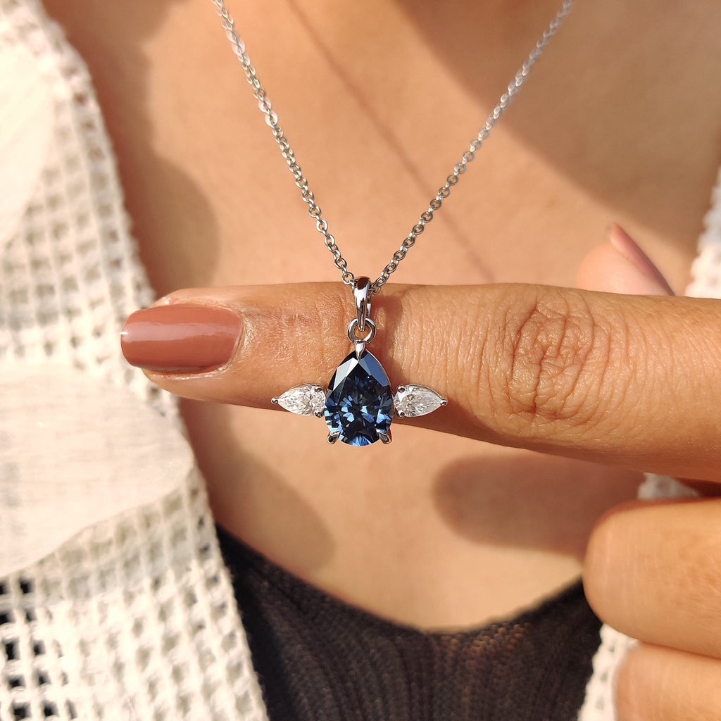 Three Stone Pendant With Royal Dark Blue Pear Moissanite