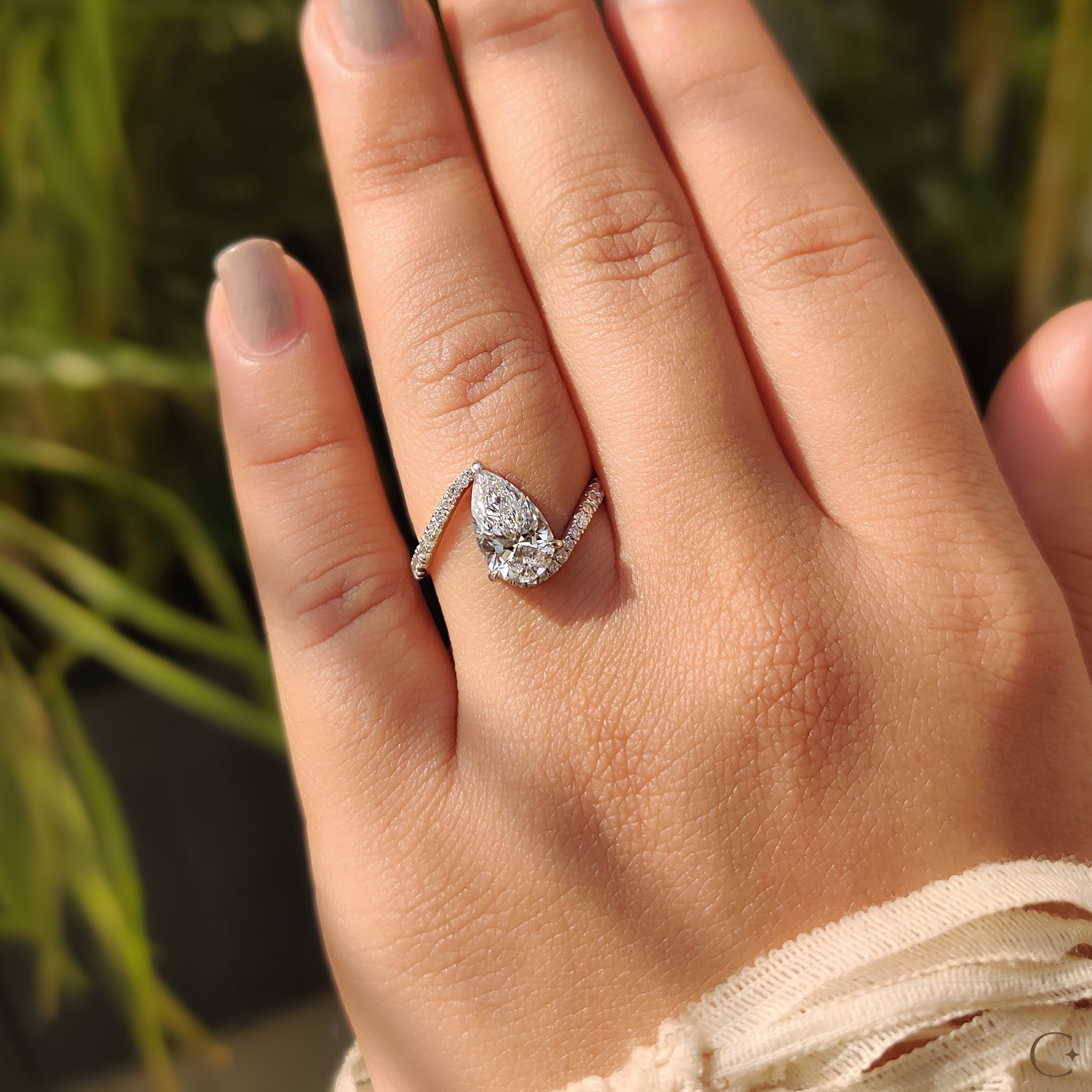 Pear Diamond Engagement Ring In Bypass Pave Setting