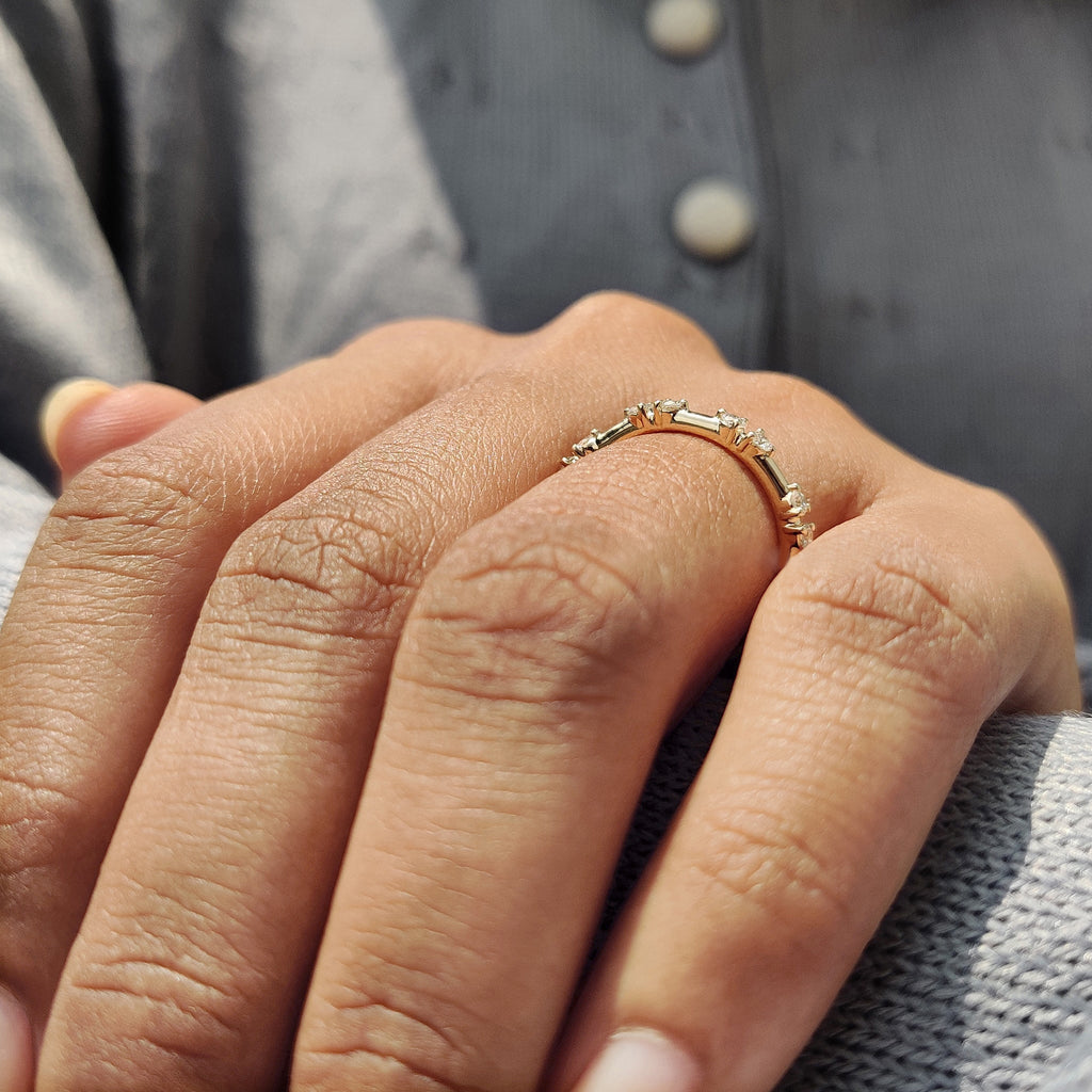 Round Cut Distance Pave Yellow Gold Diamond Band