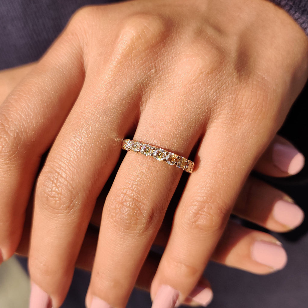 Light Yellow Cushion Cut Trellis Eternity Band