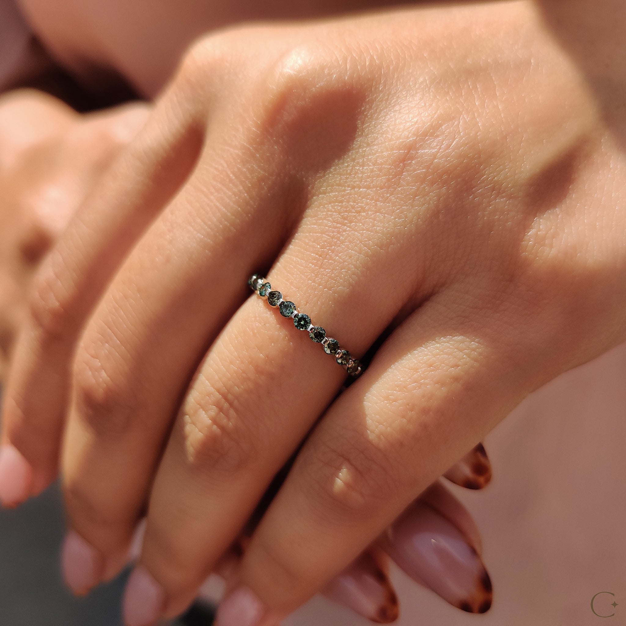 Dark Green Round Cut Full Diamond Eternity Band