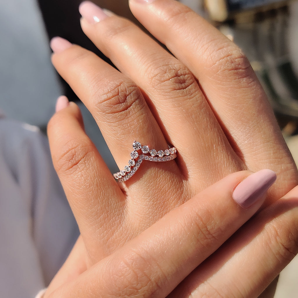 Round Cut Stackable Wedding Band In Double Row Chevron Style