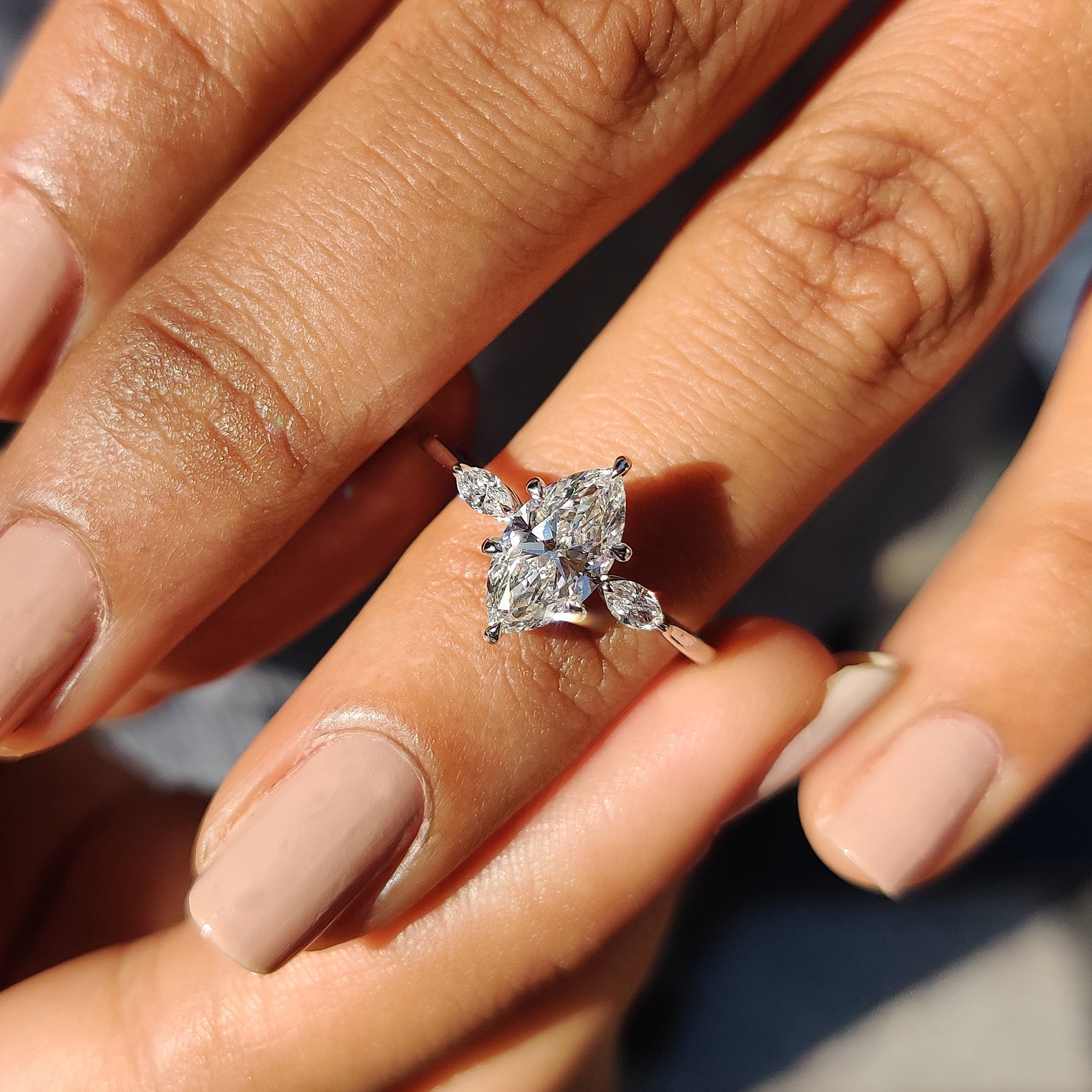 3 Stone Marquise Diamond Ring In Yellow Gold