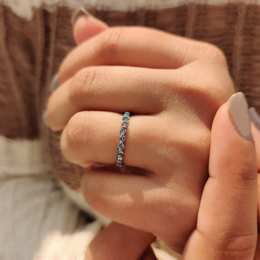 Blue Diamond Wedding Band In Shared Prong Style
