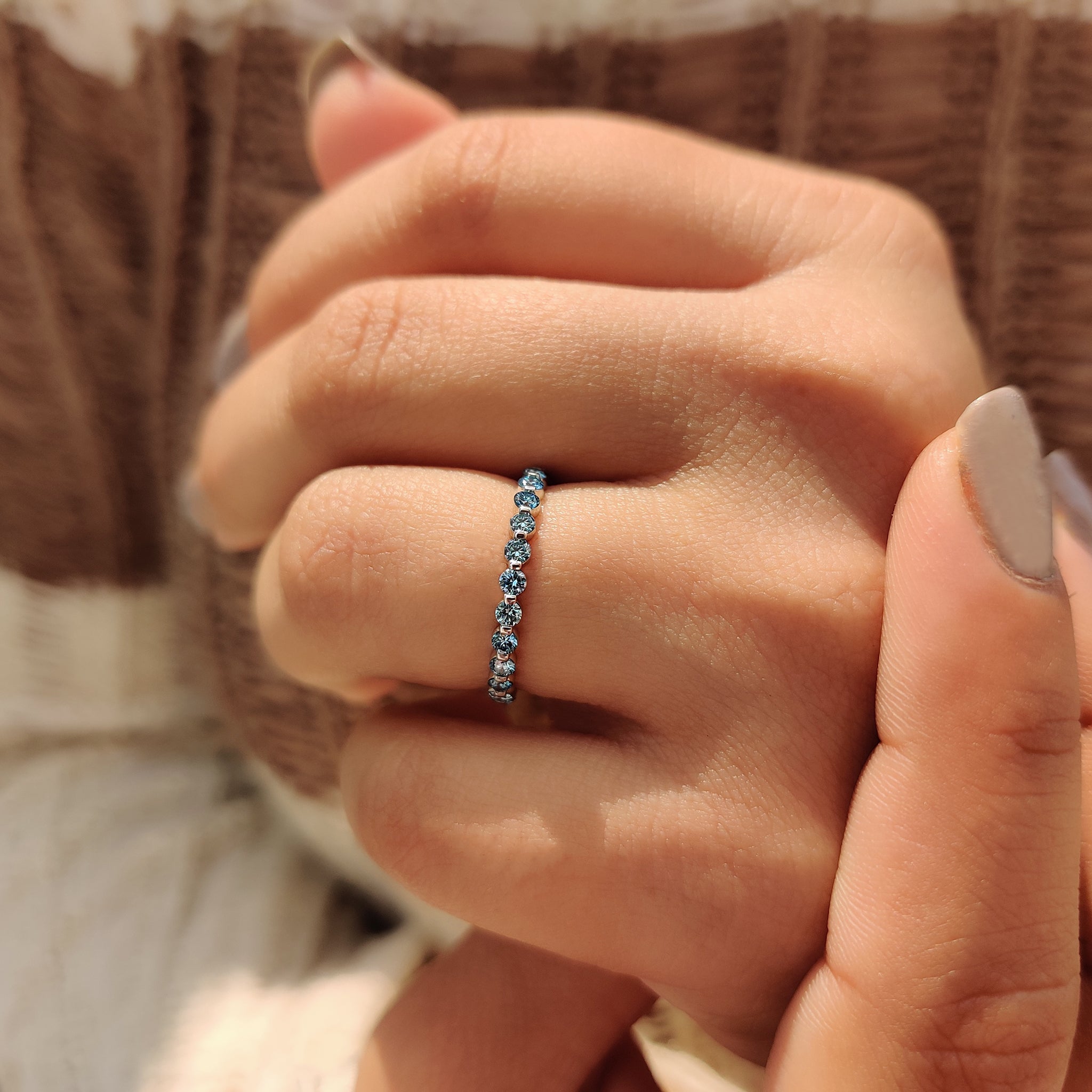Blue Diamond Wedding Band In Shared Prong Style