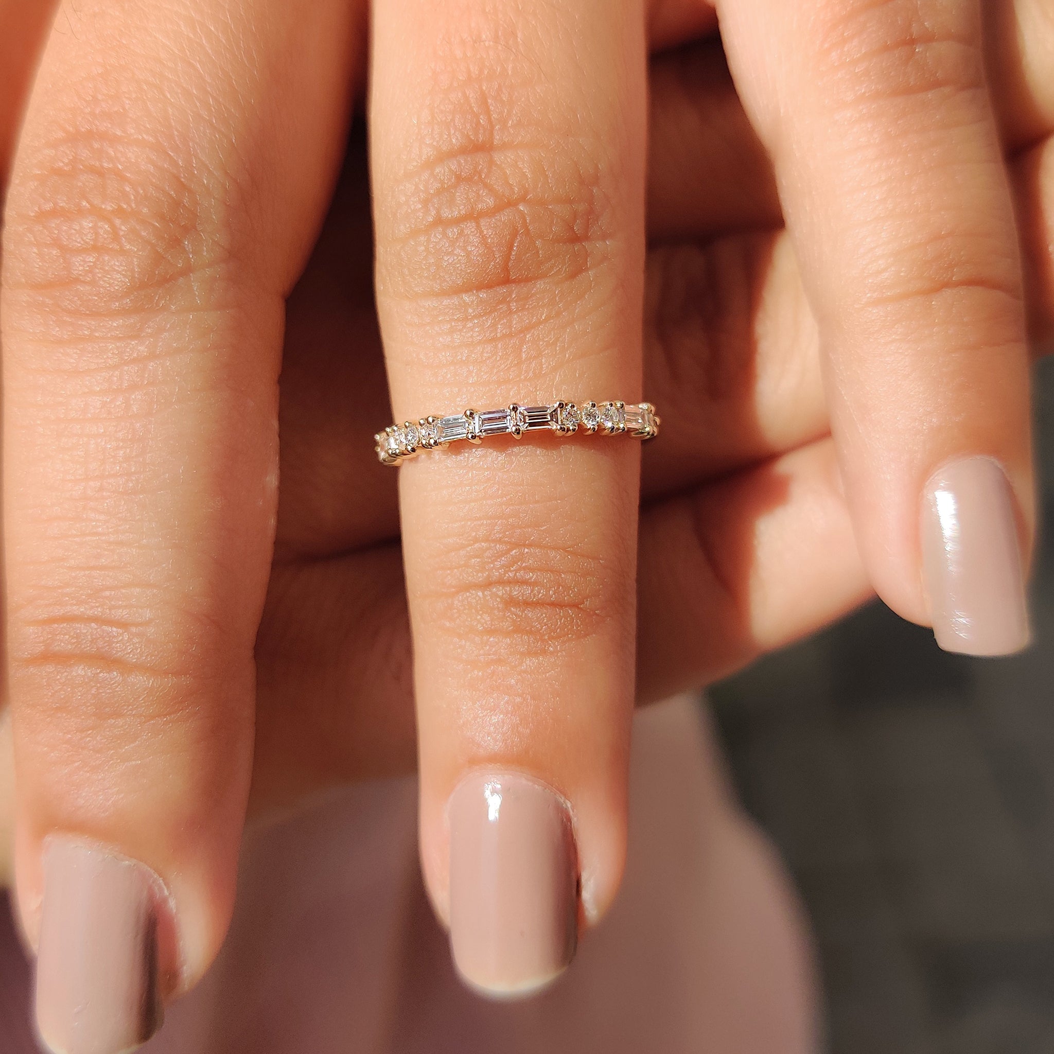 Yellow Gold Baguette And Round Diamond Band