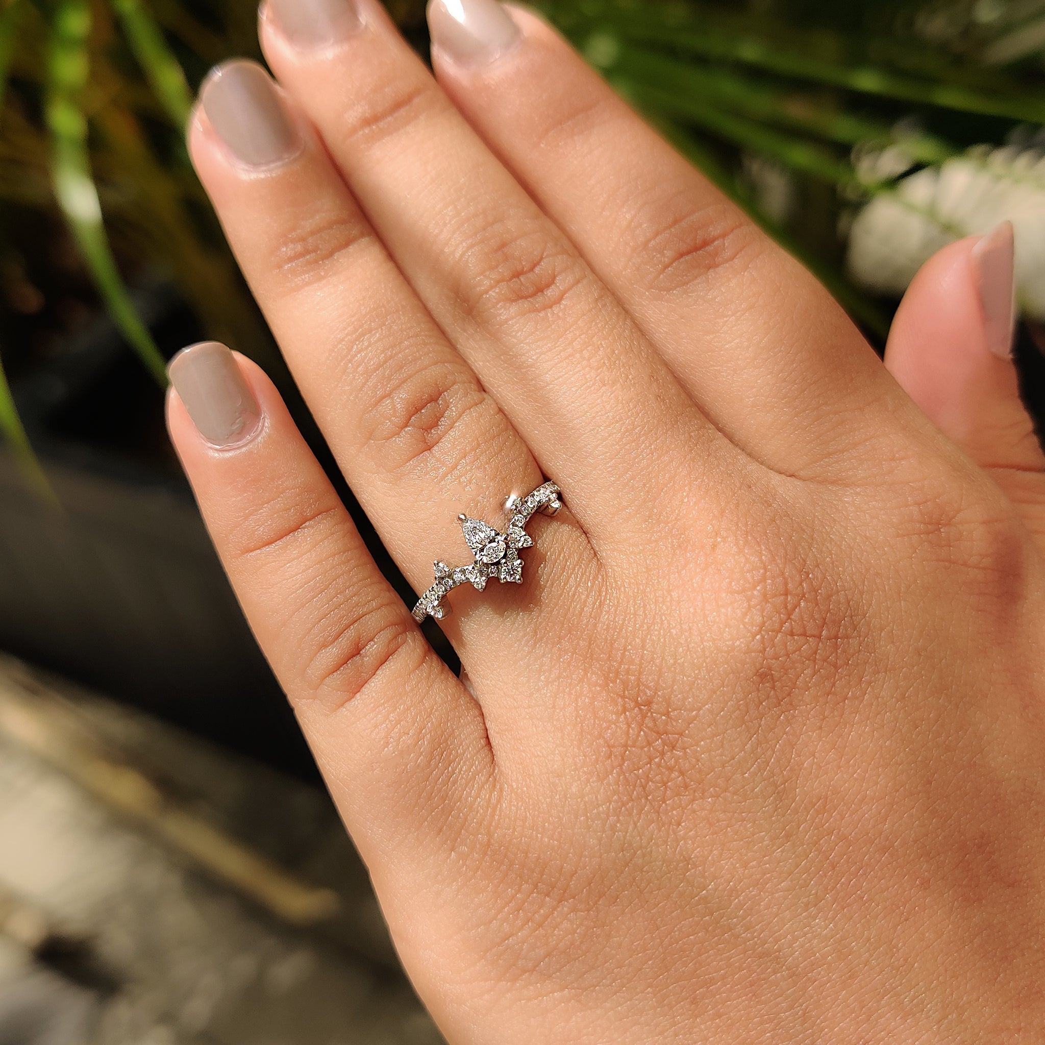 Pear Cluster Diamond Ring In Curved Style