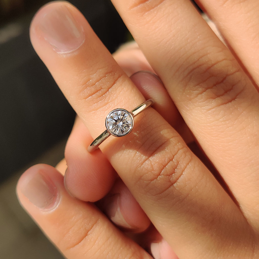 Round Cut Diamond Ring in Bezel Solitaire Setting