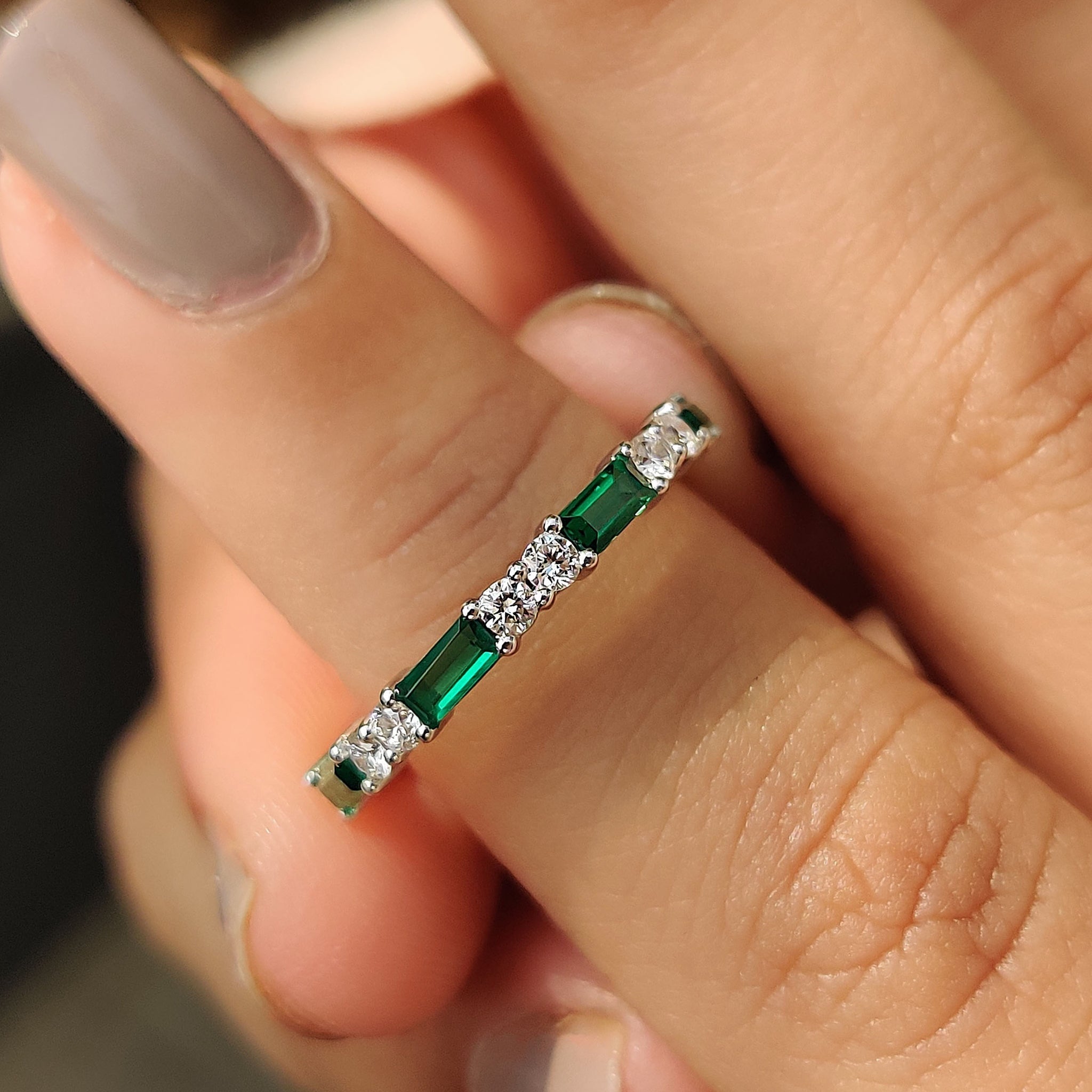 Emerald And Diamond Wedding Band In Half Eternity
