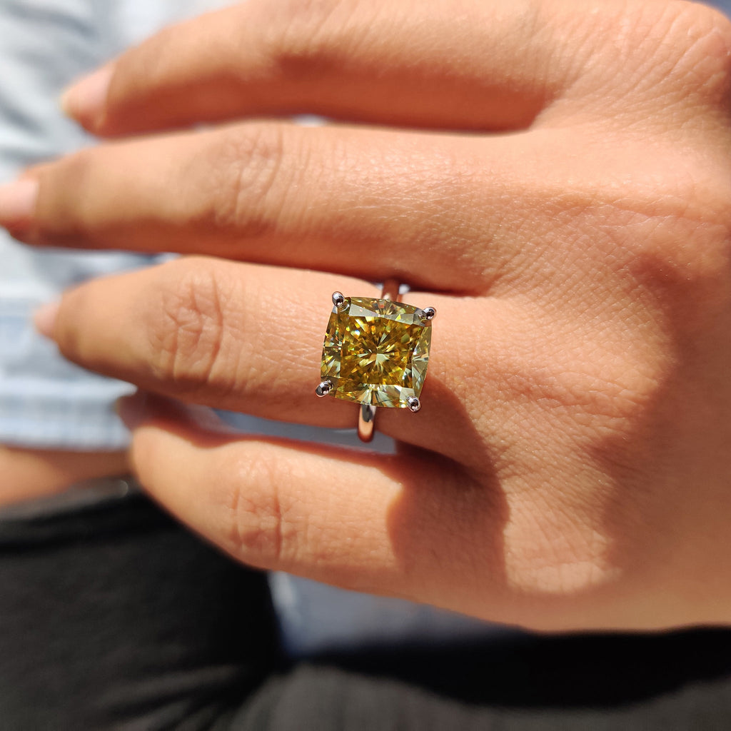 Canary Yellow Cushion Cut Solitaire Ring In Round Prong Setting