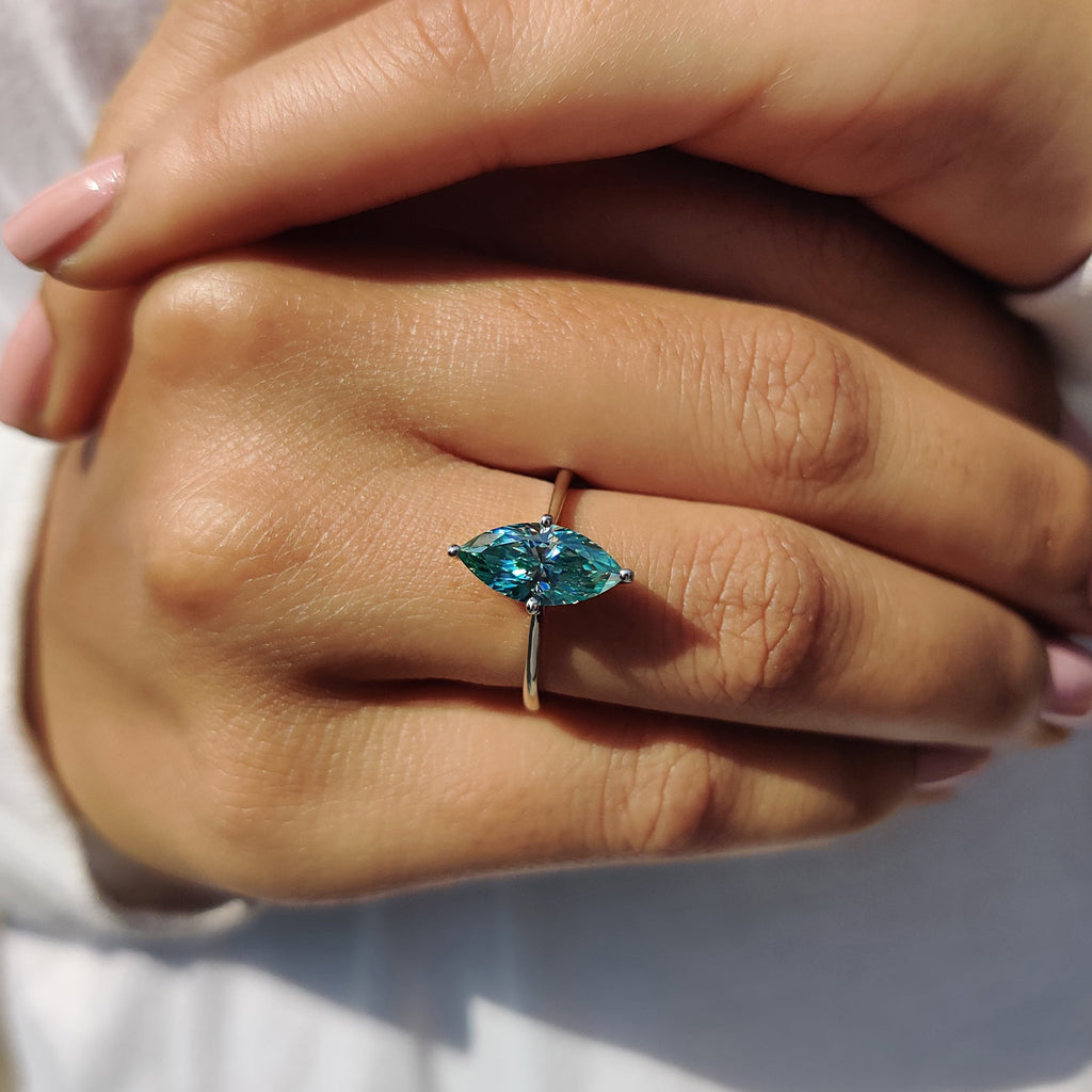 Cyan Blue Marquise Cut Engagement Ring