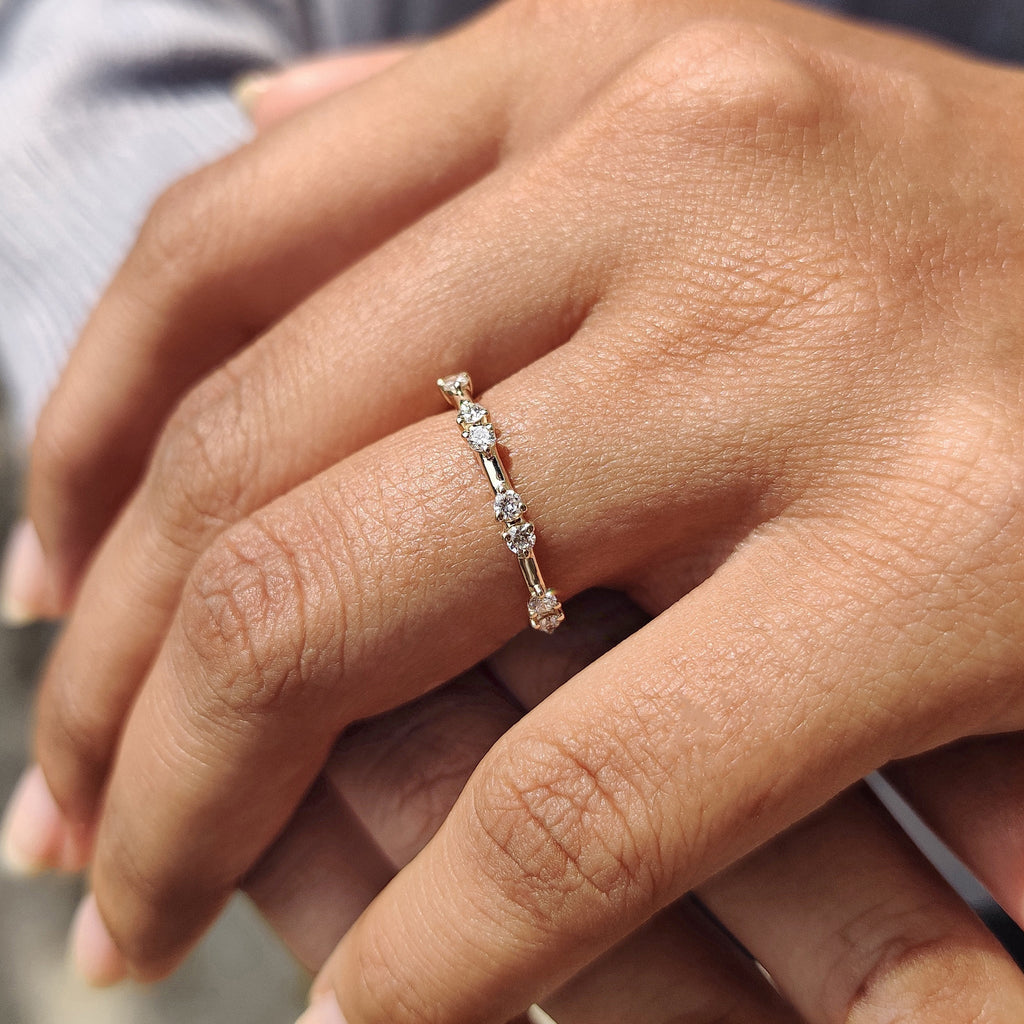 Round Cut Distance Pave Yellow Gold Diamond Band