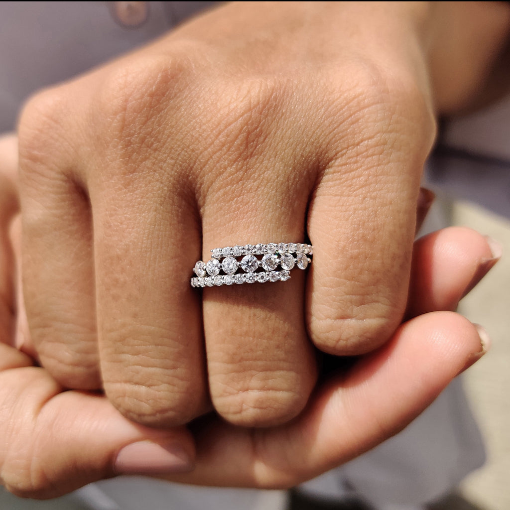 Round Cut Three Row Pave Wedding Band