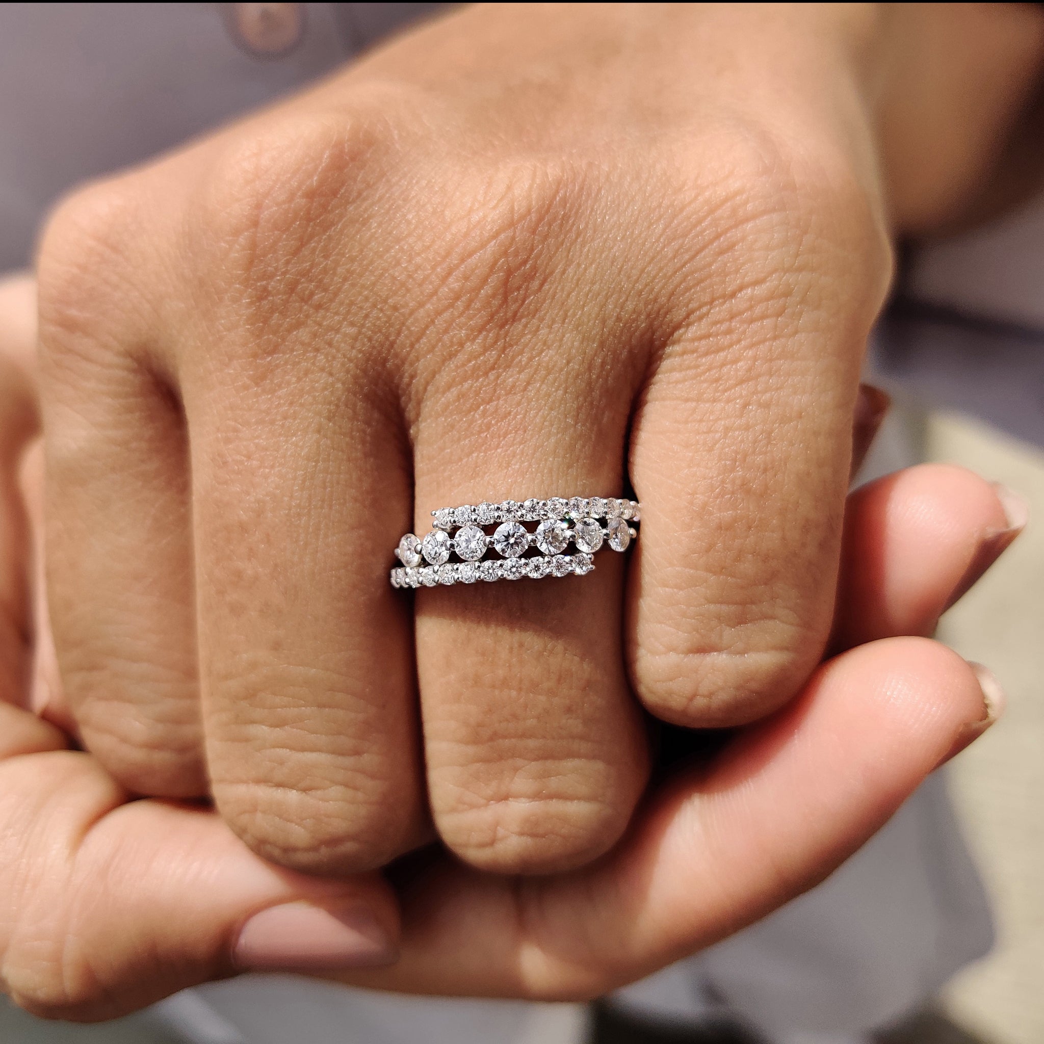 Round Cut Three Row Pave Wedding Band