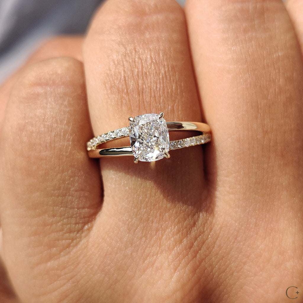Cushion Cut Diamond Engagement Ring In Split Pave Style
