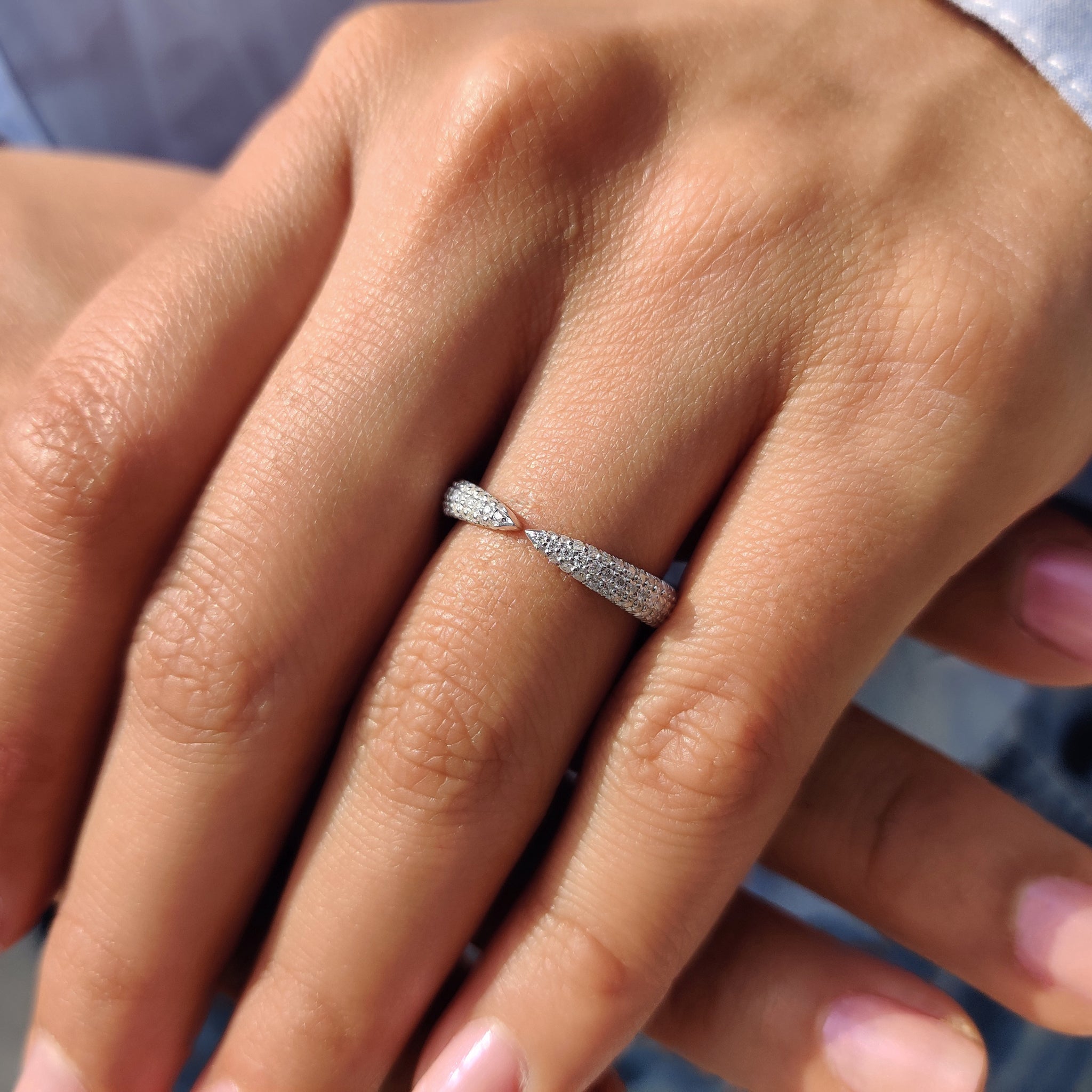 Three Side Pave Open Wedding Band With Round Cut