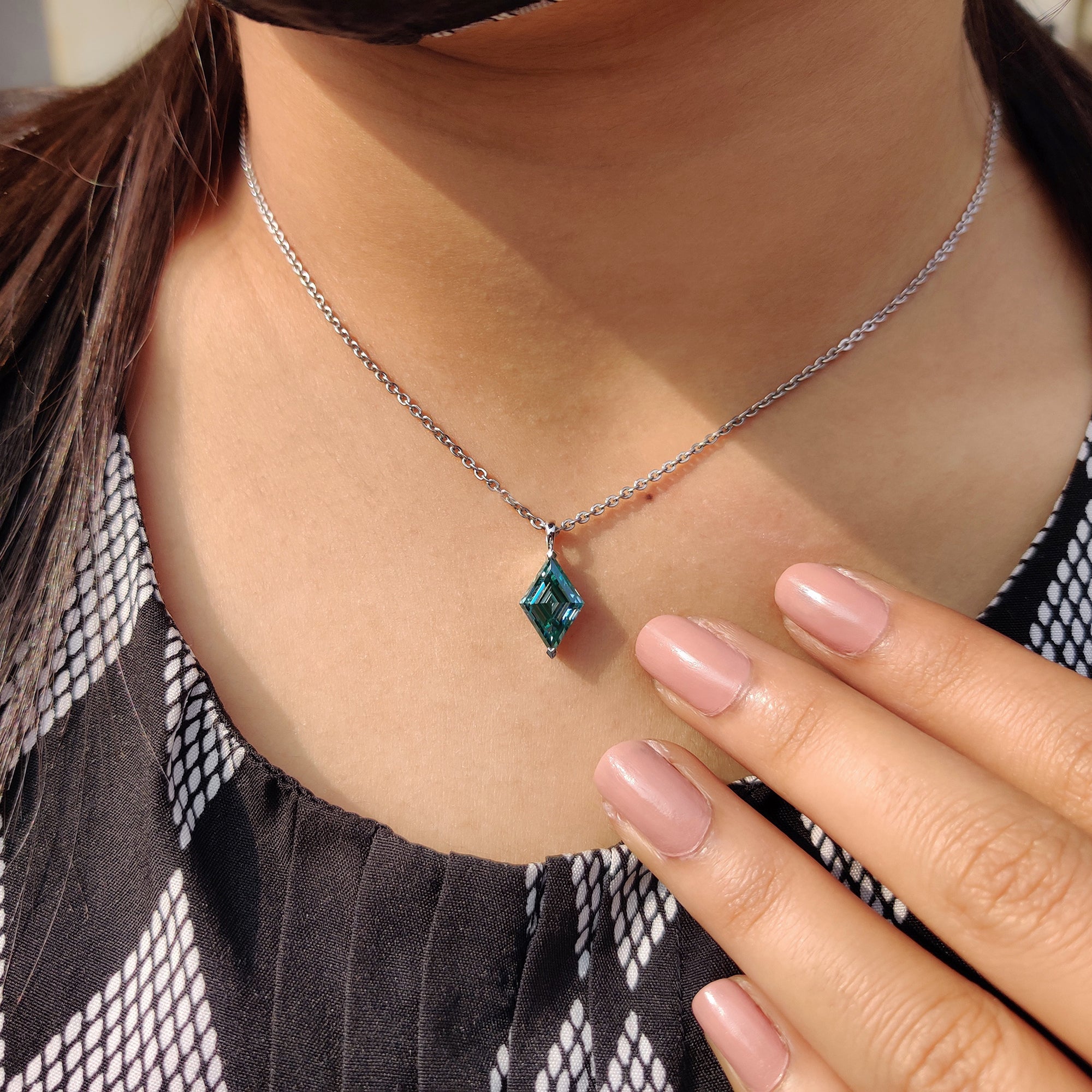 Cyan Blue Lozenge Cut Moissanite Pendant
