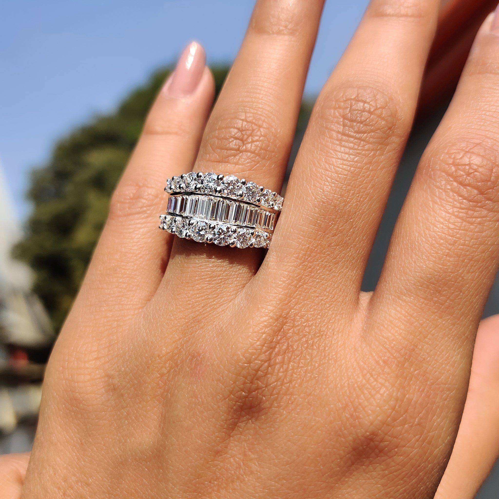 Baguette and Round Wedding Band With Pave Style