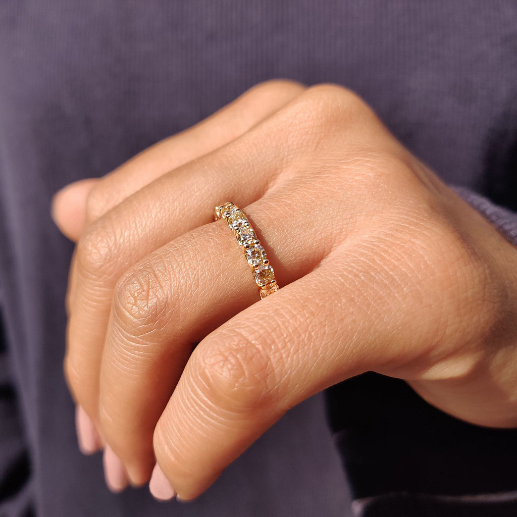 Light Yellow Cushion Cut Trellis Eternity Band