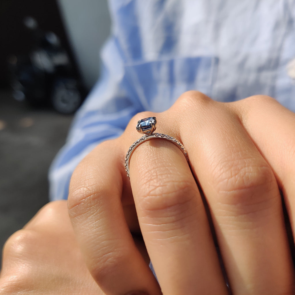 Radiant Cut Blue Moissanite Ring In Pave Setting