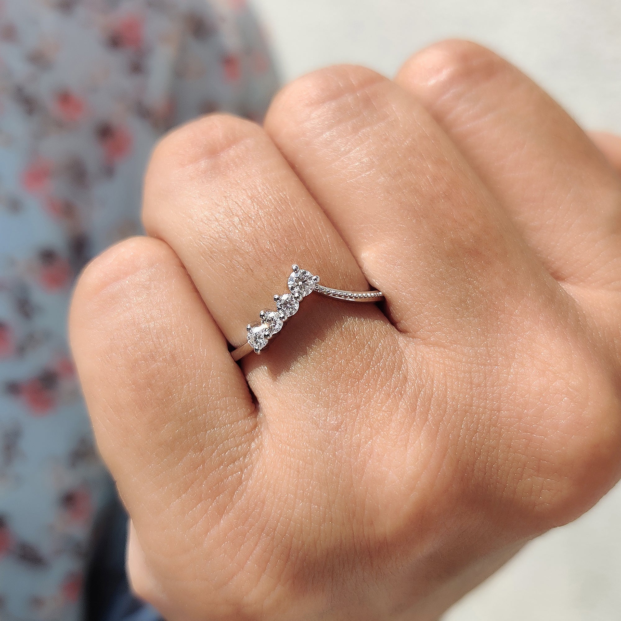 Round Cut Chevron Wedding Band With Milgrain Detail