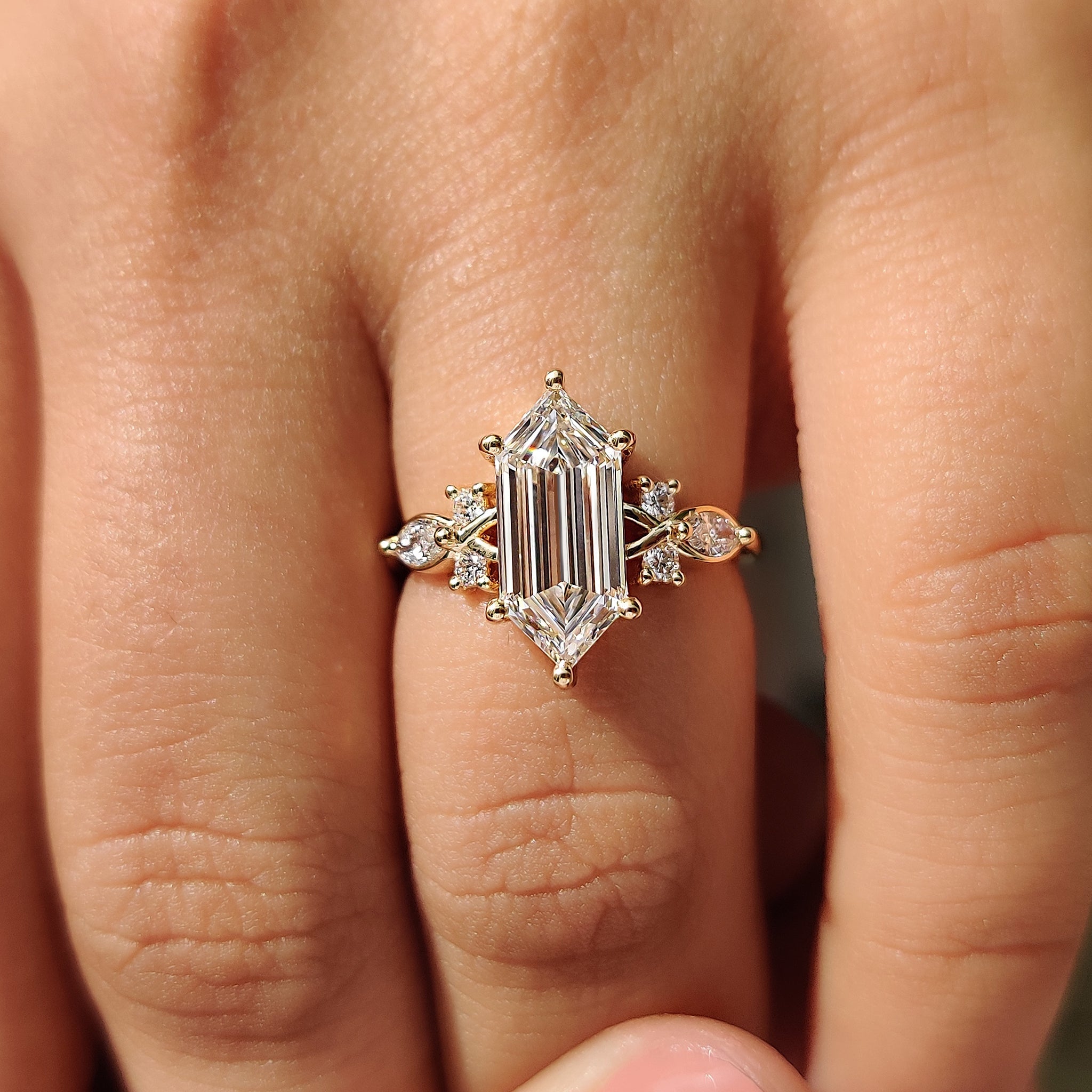 Elongated Hexagon Engagement Ring In Cluster Style