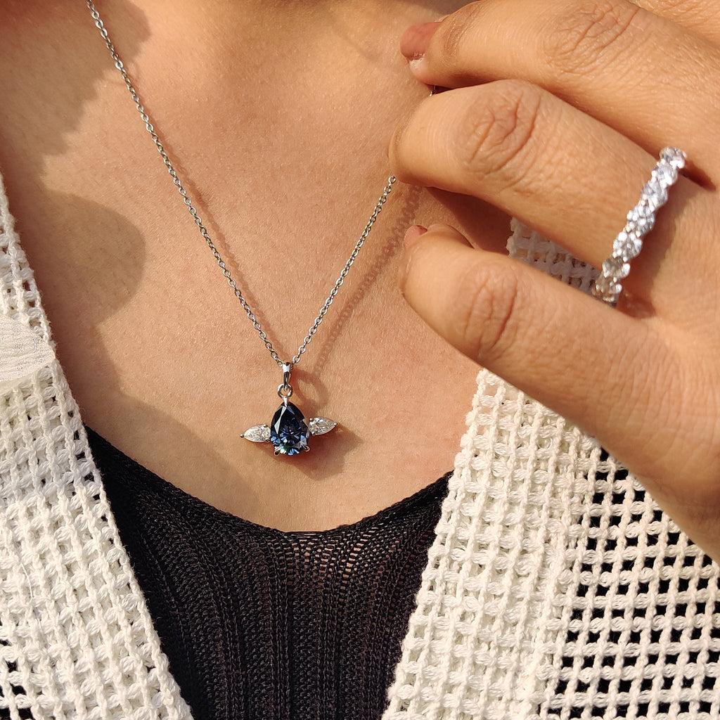 Three Stone Pendant With Royal Dark Blue Pear Moissanite