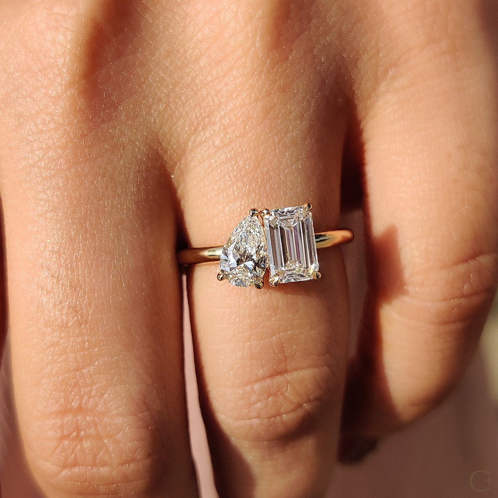 Emerald And Pear Engagement Ring In Toi Et Moi Style