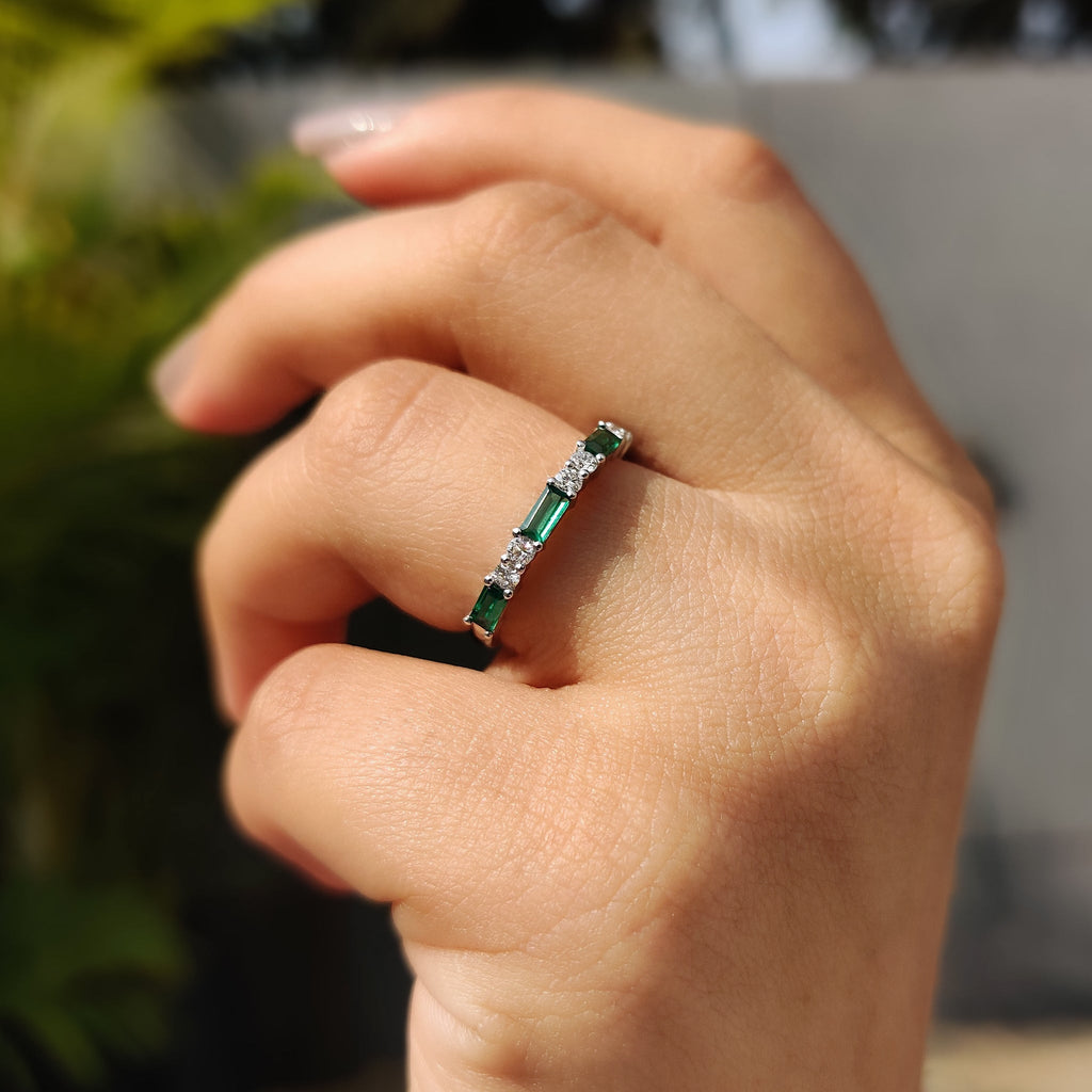 Emerald And Diamond Wedding Band In Half Eternity