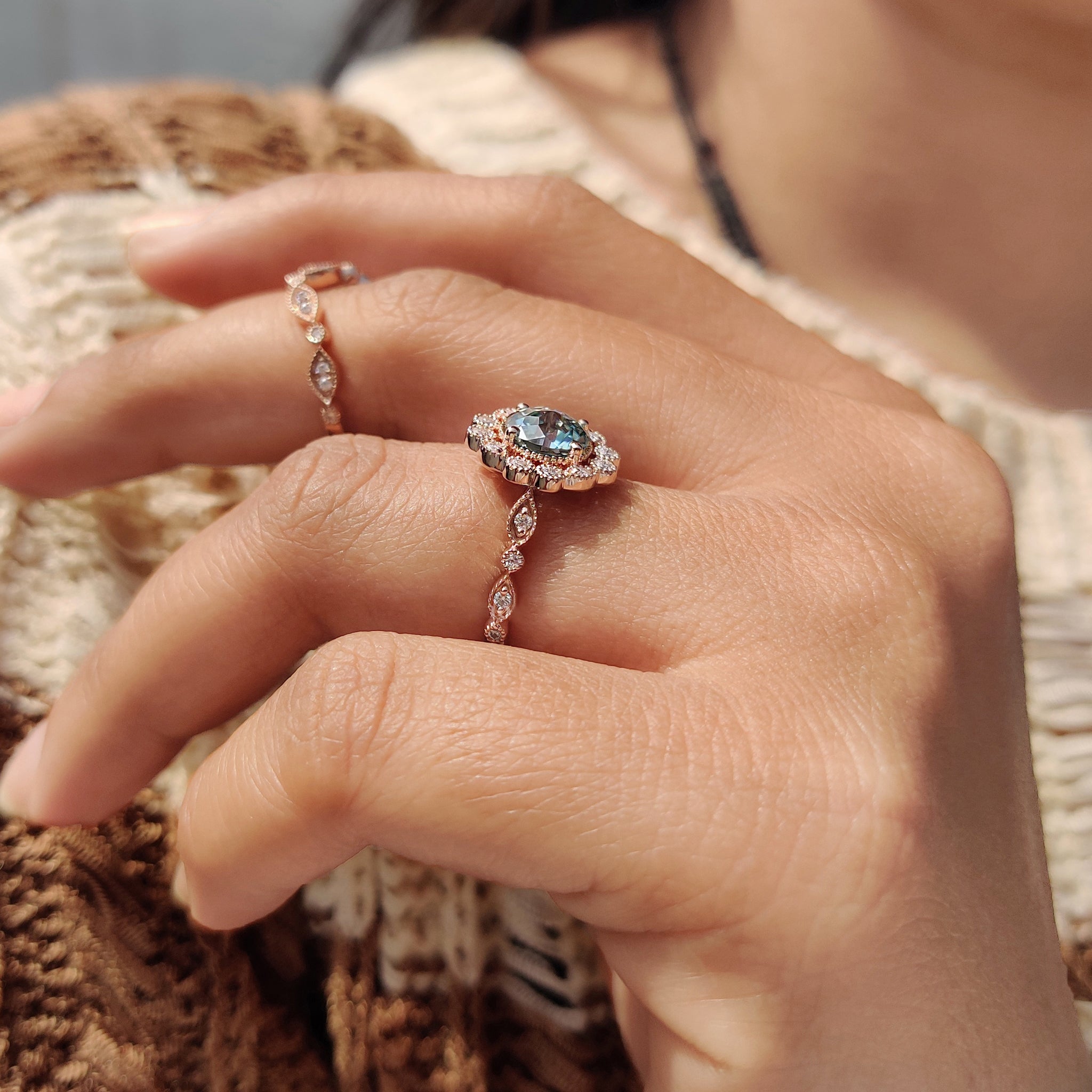 Vintage Bridal Set With Cyan Blue Moissanite Ring